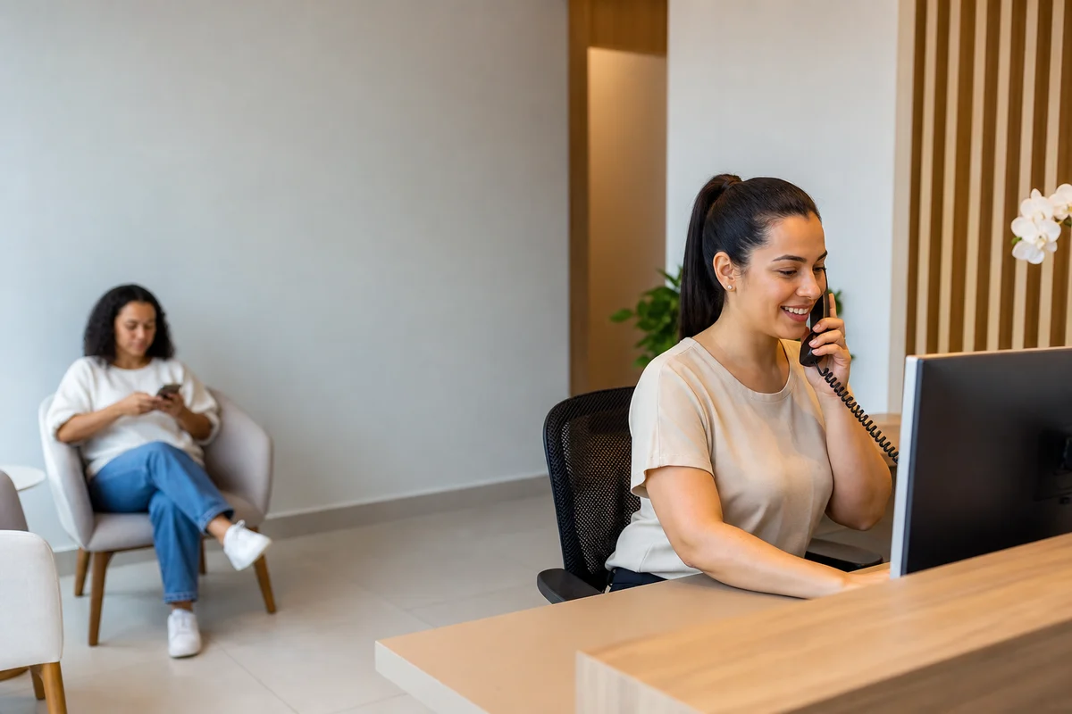 Recepcionista de clínica marcando uma consulta no balcão, com um paciente aguardando sentado ao fundo